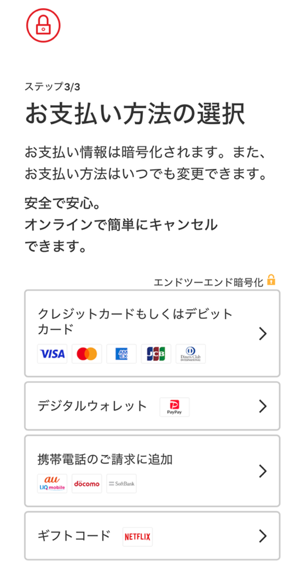 Netflix 支払い方法の選択 画面