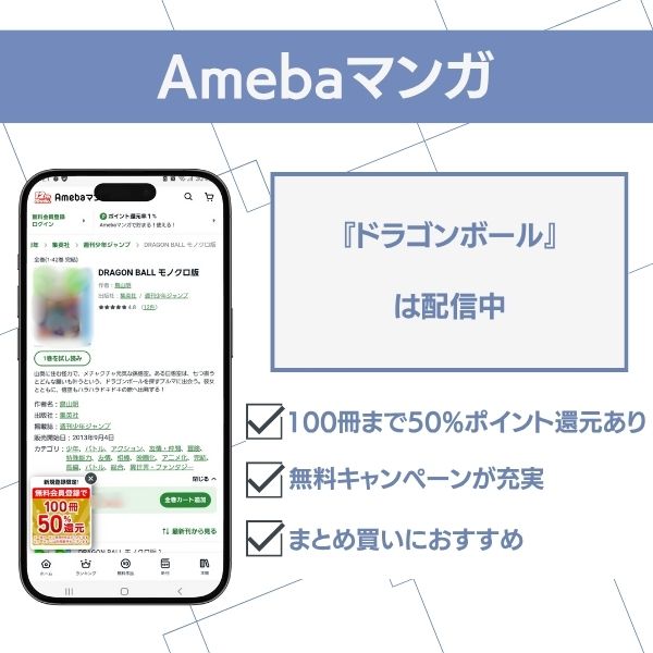 漫画『ドラゴンボール』のAmebaマンガでの配信状況