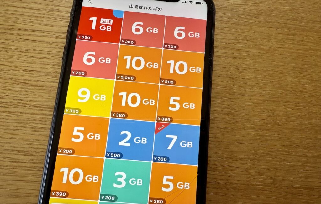 メルカリモバイルギガ売買ページ