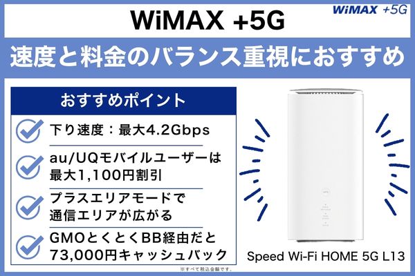 WiMAX +5G｜速度と料金のバランス重視におすすめ